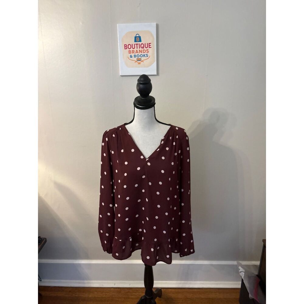 LOFT Burgundy and Blush Pink Polka-Dot Blouse – Size Medium